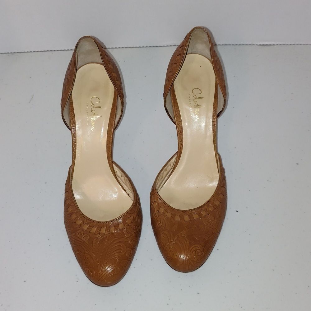 Cole Haan Embossed Leather Heels Tan Size 9 Womens Western